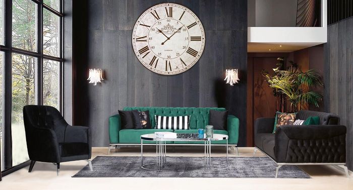 Modernes Wohnzimmer Set 2 weiche Chesterfield Sofas + moderner schwarzer Sessel