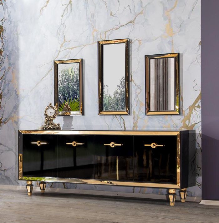 Schwarzes Edelstahl Sideboard mit Spiegel Kommode Holz Schrank Neu Set