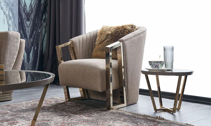 Moderne Sessel Einsitzer Stoff Wohnzimmer Braun Polster Sitzer Sitz
