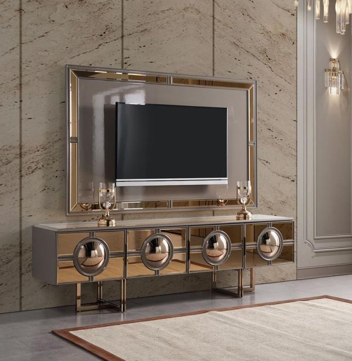 TV Ständer RTV Lowboard Wohnwand Sideboard Gold Holz Rahmen Modern