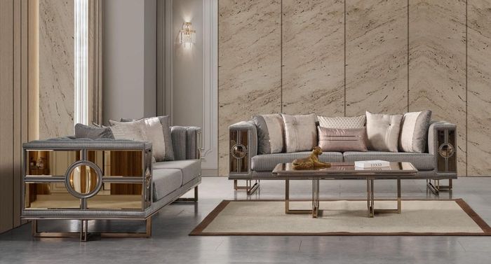 Sofagarnitur Dreisitzer Grau Luxus Sofa Modern Set Couchtisch 3tlg Neu