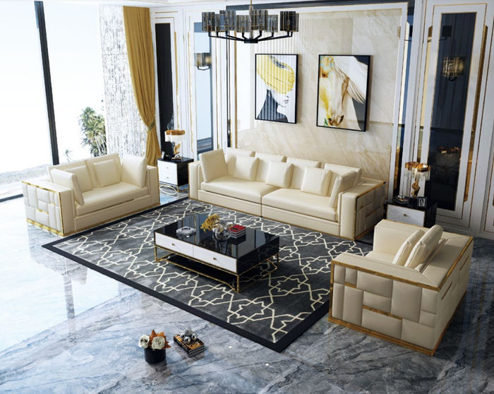 Design Sofa Couch Polster Sitz Garnitur 3+2+1+ Chaiselongue Leder Luxus Metall