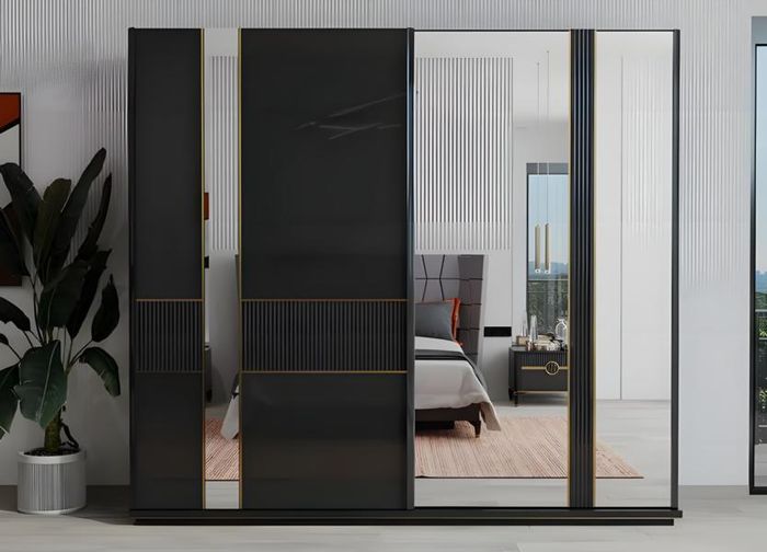 Kleiderschrank Schrank Holzschrank mit Spiegel Schlafzimmer Grau