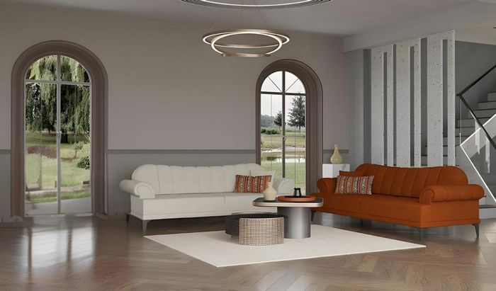 Dreisitzer Sofagarnitur Stoffsofa Sofa Couch Orange Polyester Weiß 2tlg