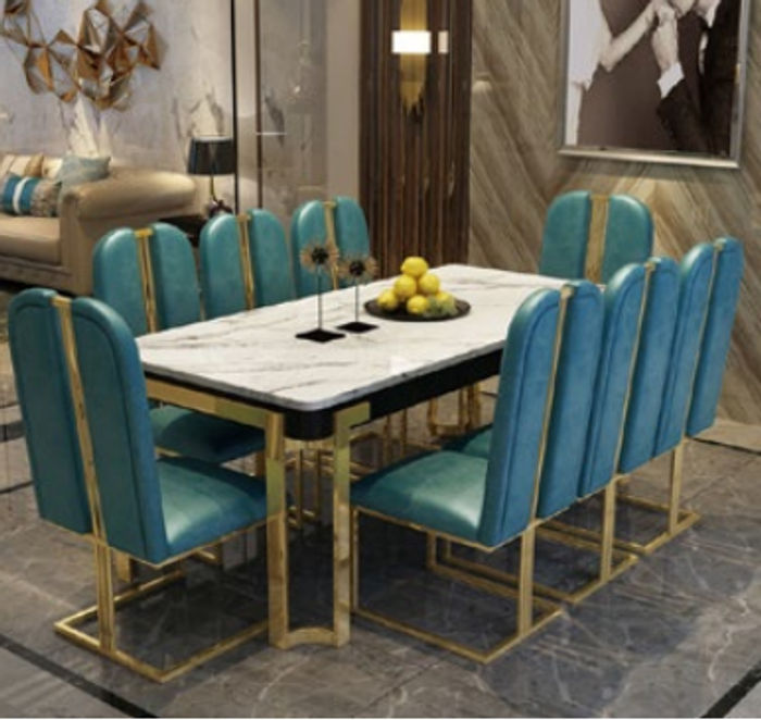 Edelstahl Marmor Imitation Tisch + 8 Lehn Stühle Ess Zimmer Gruppe Garnitur 9tlg