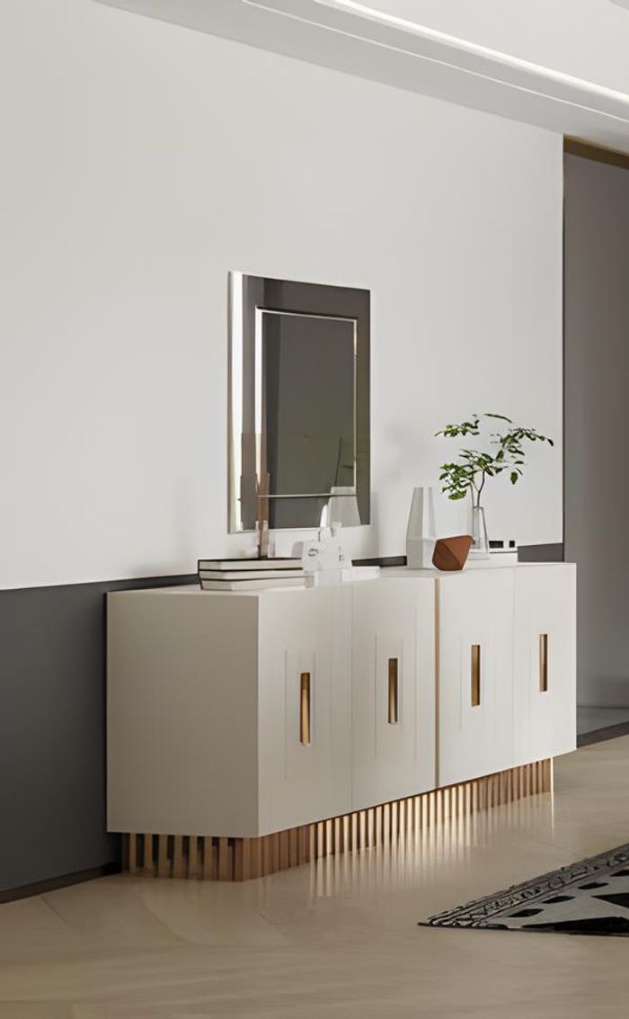 Gruppe Anrichte Spiegel Schrank Holzschrank Beige Buffetvitrine Holz