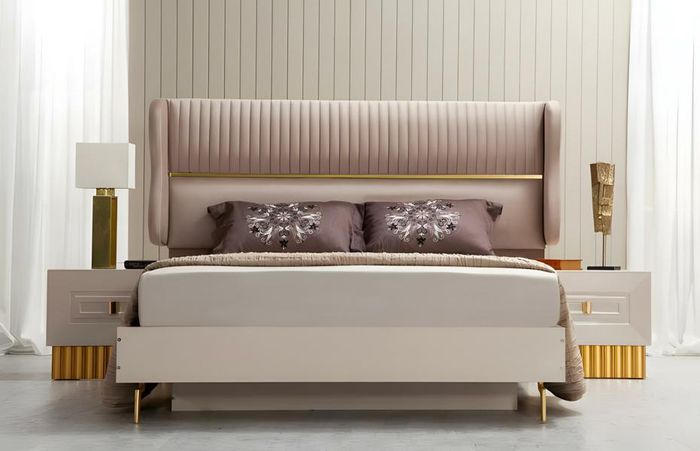 Schlafzimmer Bett Nachttische Kleiderschrank Schminktisch Beige 5tlg