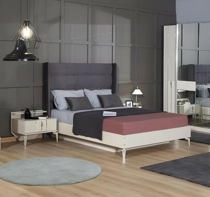 Schlafzimmer Garnitur Doppelbett Nachttische Schränke Stoff 5tlg Beige