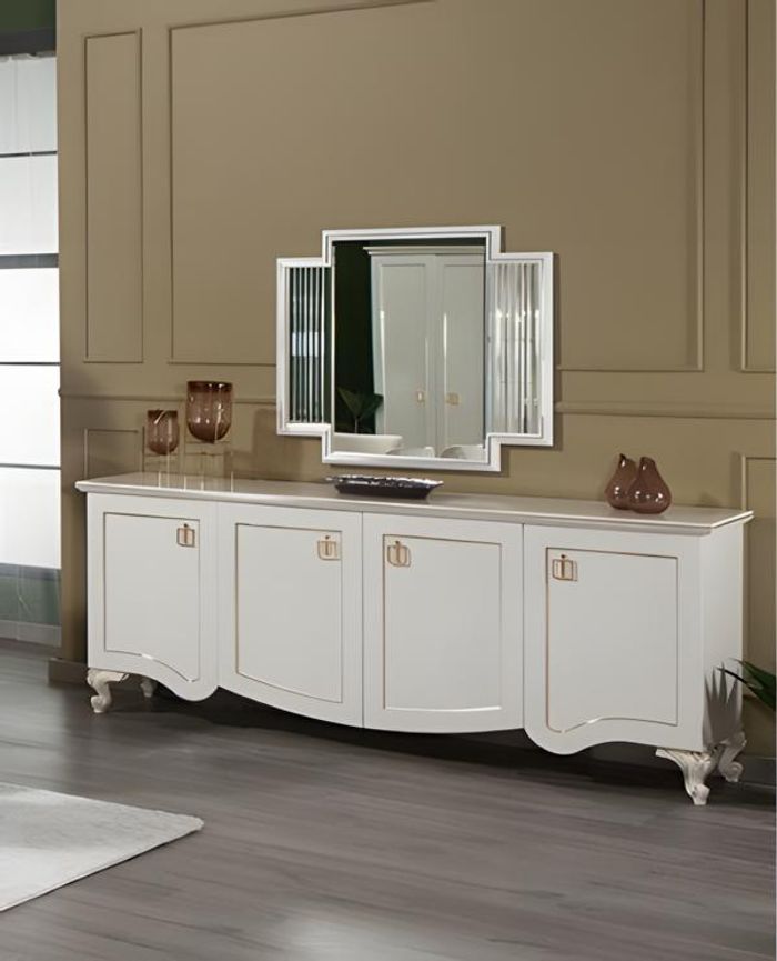 Anrichte mit Spiegel Schrank Holzcshrank Holz Sideboard Weiß Kommode