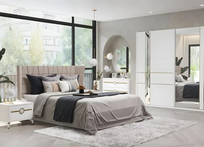 Schlafzimmer Garnitur Doppelbett Nachttische Schränke Stoff 6tlg Weiß
