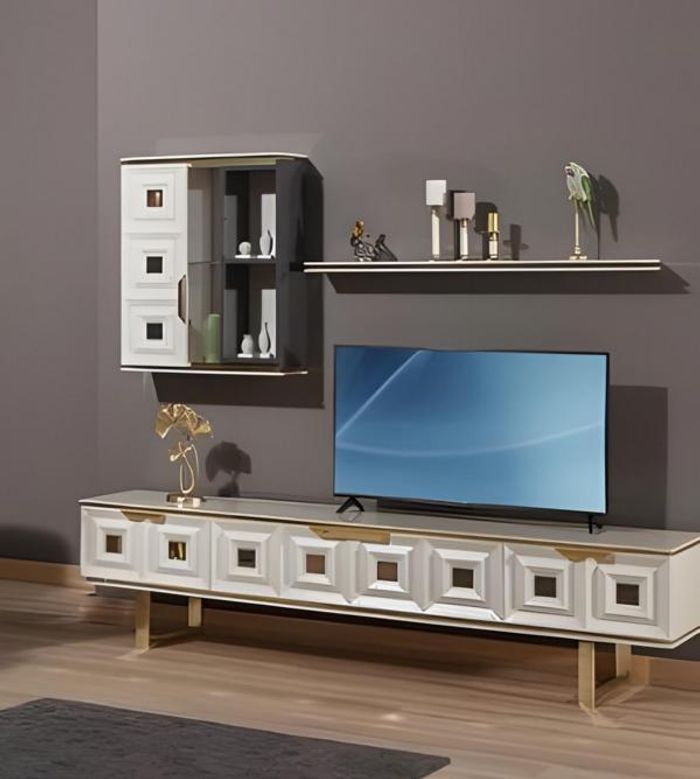 Wohnzimmer Tisch Lowboard Sideboard TV Ständer Beige Regale Schrank