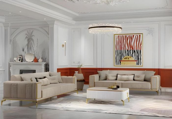Garnitur Dreisitzer Zweisitzer Beige Sofas Stoffsofa Polstersofa 2tlg