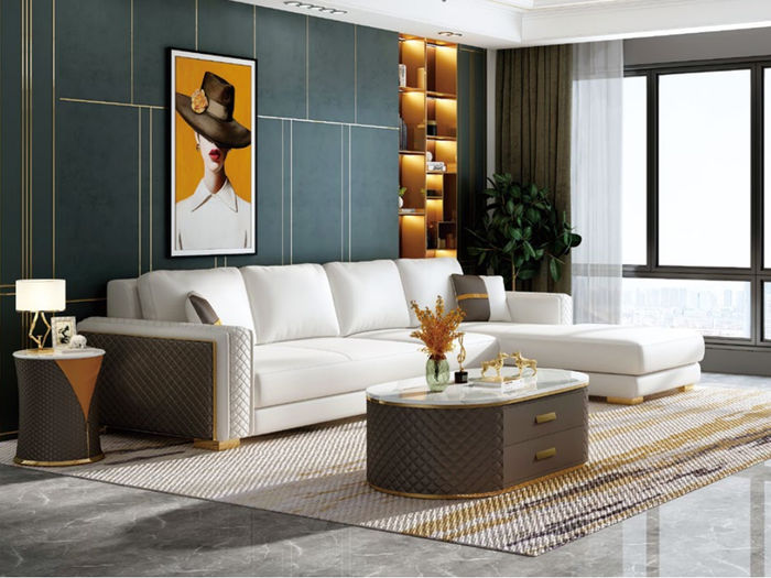 Italienische Stil Möbel 3tlg Set Ecksofa + Couchtische Sofa Tische Leder Polster