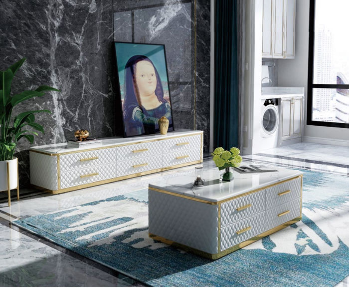 Sideboard TV Lowboard RTV XL Schrank Couchtisch Wohnzimmer Marmor Imitation 2tlg