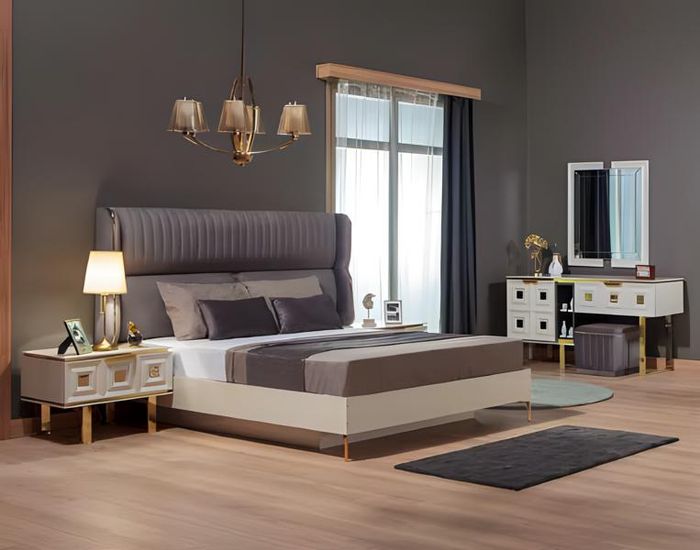 Schlafzimmer Garnitur Bett Nachttische Schminktisch Beige Holz 4tlg