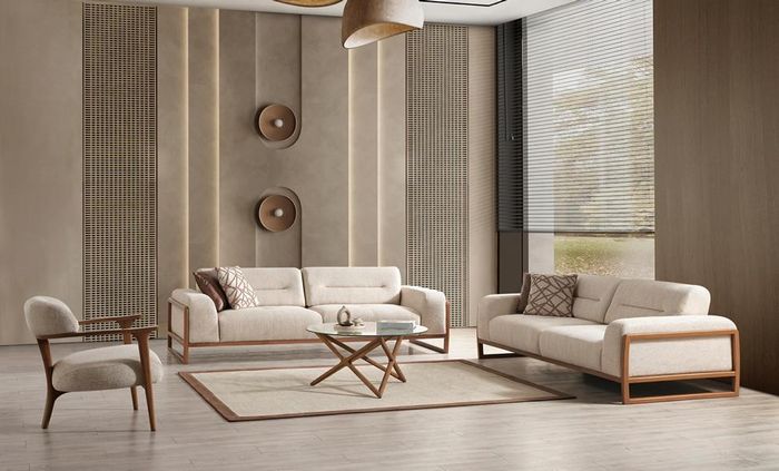 Designer Beige Sofagarnitur Hochwertig Wohnzimmer Dreisitzer Polster Sessel Set