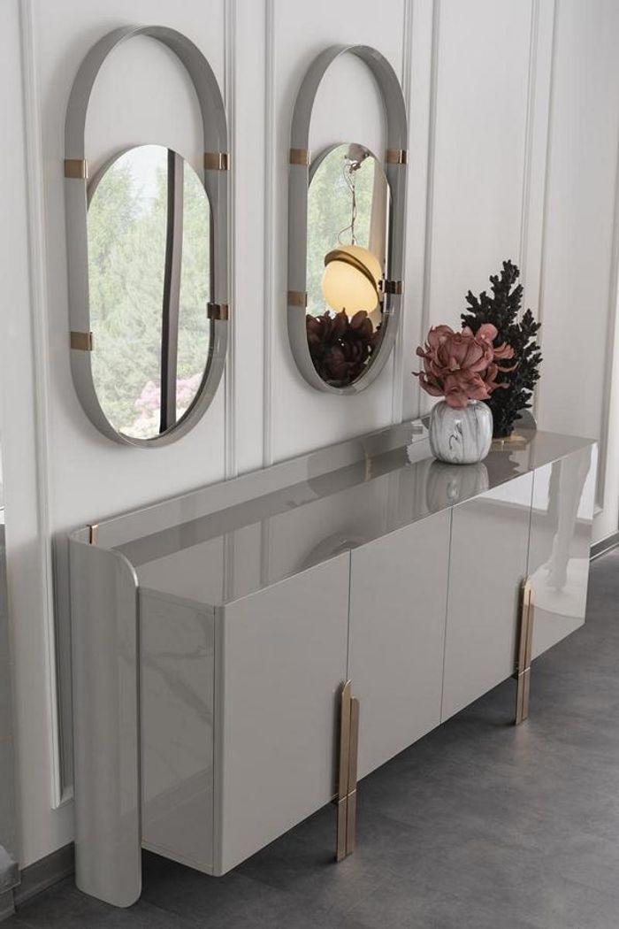 Sideboard Anrichte mit 2x Designer Spiegele Oval Hochglanz Edelstahl