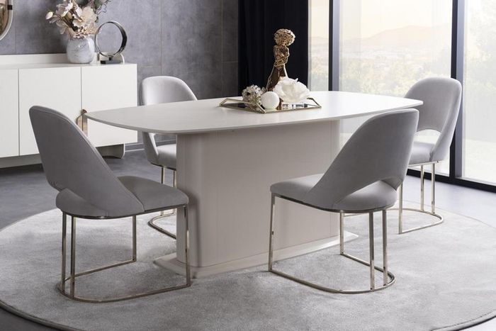 Esszimmer Esstisch Stühle Tisch Polsterstühle Säulenfuß Weiß Edelstahl