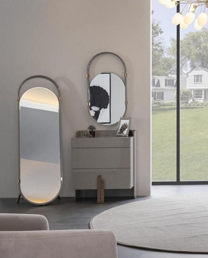 Kommode Oval Spiegel Standspiegel Schubladenschrank Hochglanz Edelstahl