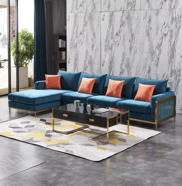 Ecksofa L Form Couchtisch Sofa Couch Design Polster Luxus Blau Tisch 2tlg Metall