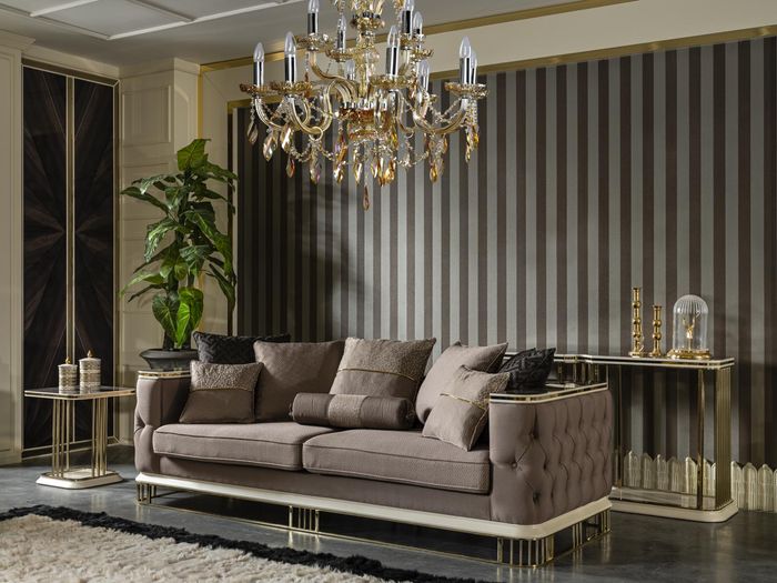 Sofa 3 Sitzer Braun Design Luxus Polster Stoff Wohnzimmer Möbel Elegantes Neu