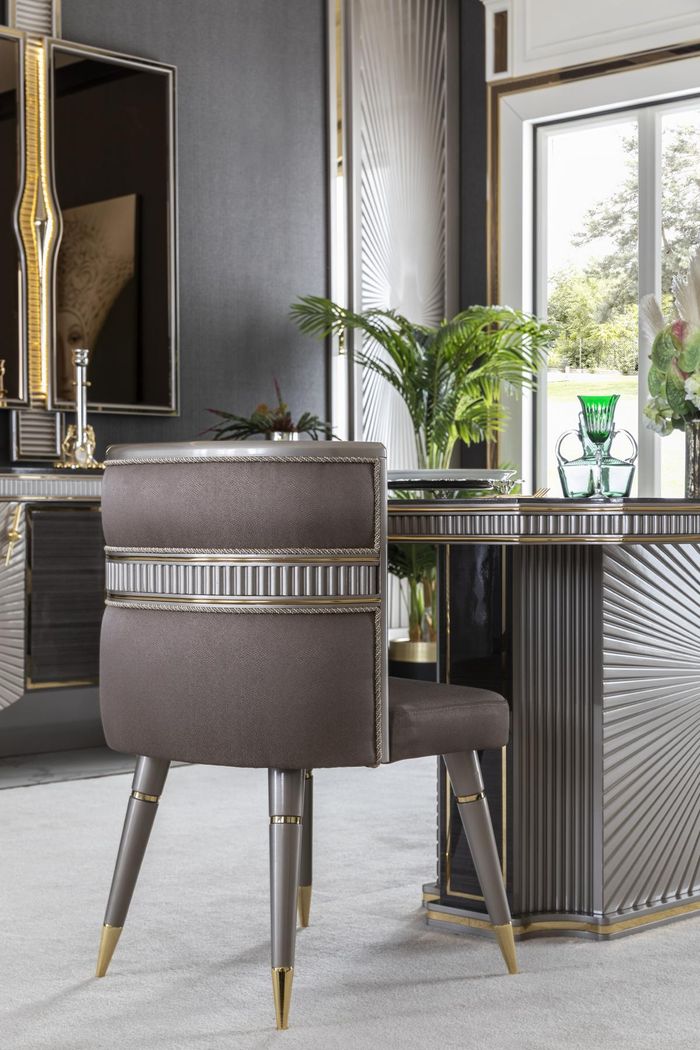 Esszimmer Set Grau Esstisch 4x Stühle Elegantes Anrichte Spiegel 7tlg.