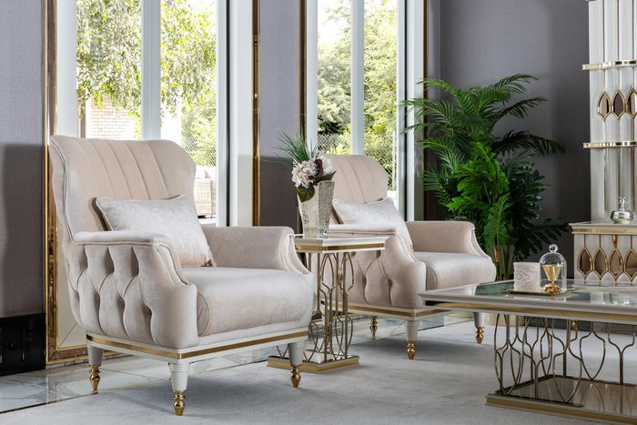 Sessel Beige Elegantes Polster Stoff 1Sitzer Chesterfield Modern Wohnzimmer Neu