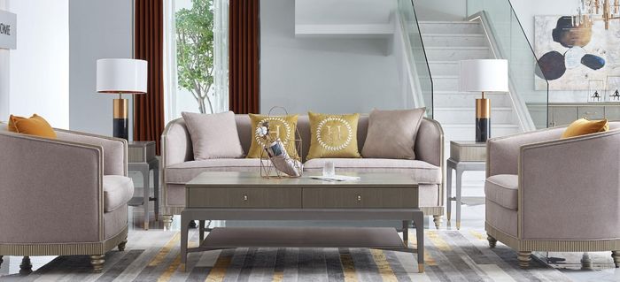 Designer Couch Sitz Polster 3+1+1 Sitzer BeigeTextil Garnitur Sofa Samt Neu