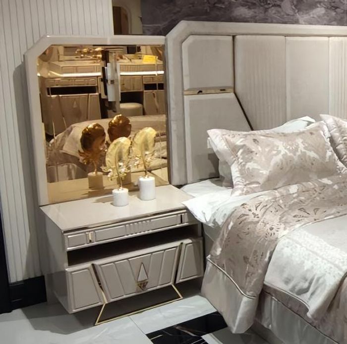 Nachttisch mit Spiegel Nachtschrank Beige Gold Schlafzimmer Möbel Holz