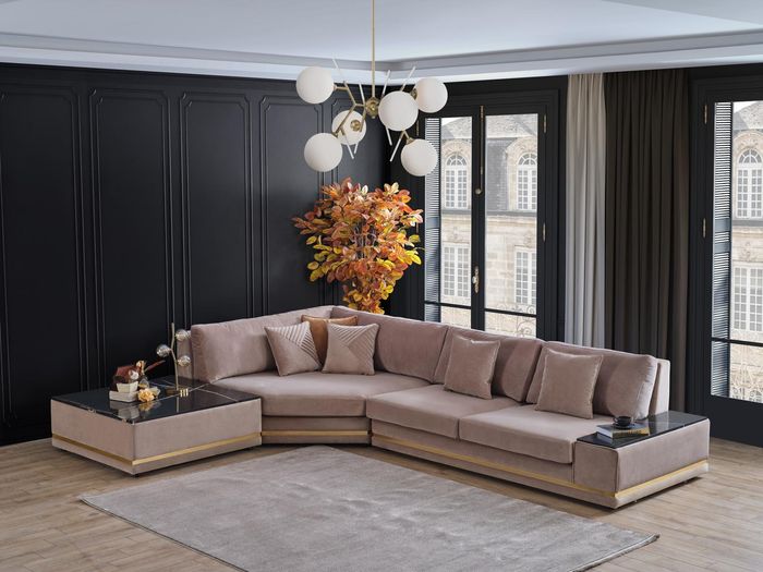 Beiges L-Form Designer Ecksofa Polster Wohnlandschaft Luxuriöses Sofa