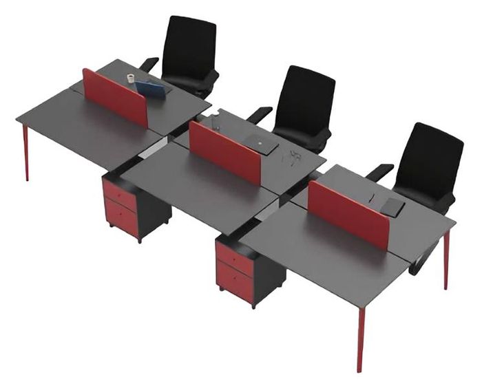 Workstation Schreibtisch 6-Sitzer Tischpult Holz Grau-Rot Büromöbel