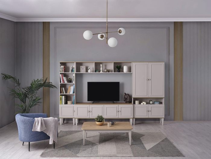 Wohnwand Wohnzimmerwand TV Ständer Holz RTV Lowboard Grau Regale Set