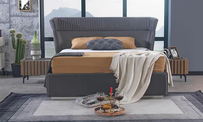 Grau Bett Holzmöbel 2x Nachttische Schlafzimmer Komplett Set 3tlg Modern