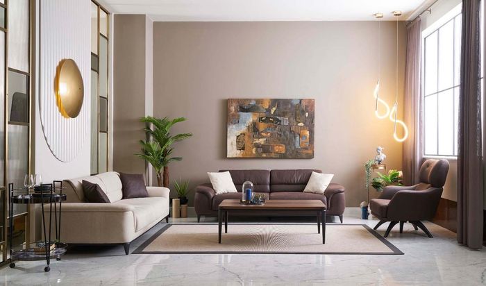 Polstersofas Couchgarnitur Sofa Sessel Stoffsofa Set 3tlg Braun Stoff