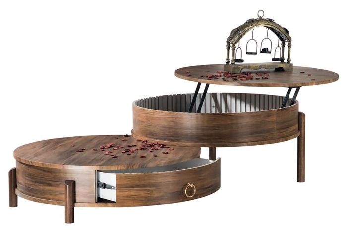 Kaffeetisch Set Couchtisch mit Schubladen Rund Holz Braun Original