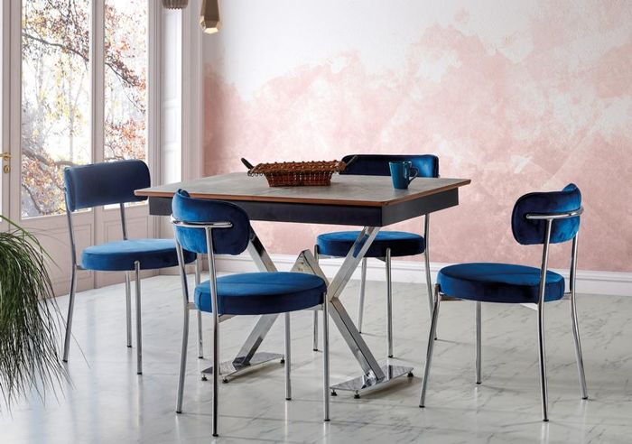Esszimmer Set Blau Garnitur Tisch 4x Stühle Design Modern Möbel Luxus Esstisch