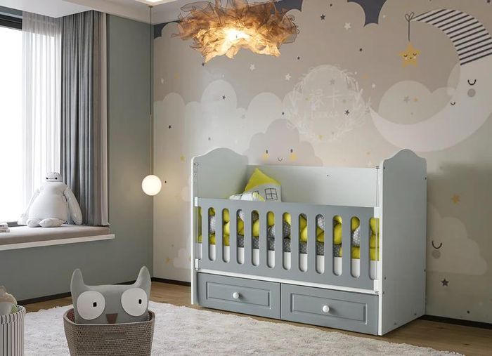 Babybett Stilvoll Grau Schubladen Modernes Design Komfortables Kinderzimmer