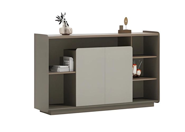 Elegantes Sideboard in Beige-Grau mit modernen Regalen und geschlossenen Fächern