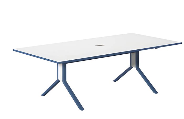 Moderner Konferenztisch mit weißer Oberfläche und blauen elegantes Design