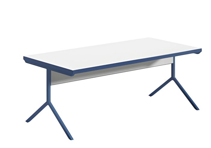 Moderner Schreibtisch mit weißer Oberfläche blauer Metallbasis stilvolles Design