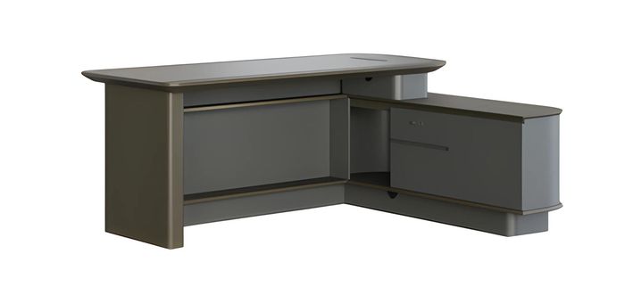 Schreibtisch Chefzimmer Modern Grau Schwarz Winkel Stauraum Kabelkanäle Elegant