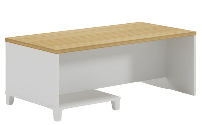 Moderner Couchtisch mit weißem Korpus und Holzoberfläche für elegantes Wohnen