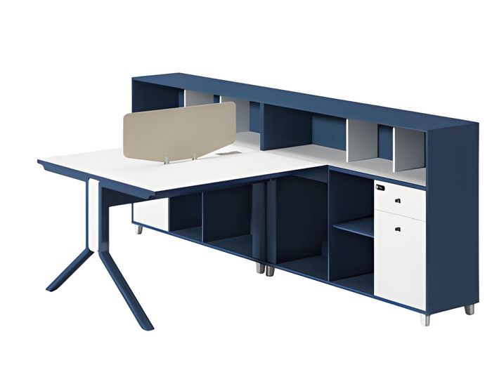 Moderne Schreibtischkombination in Blau und Weiß mit Trennwand und Stauraum