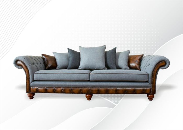 Wohnzimmer Möbel Stoff Textil Grau Chesterfield Dreisitzer Sofa Couch Polster