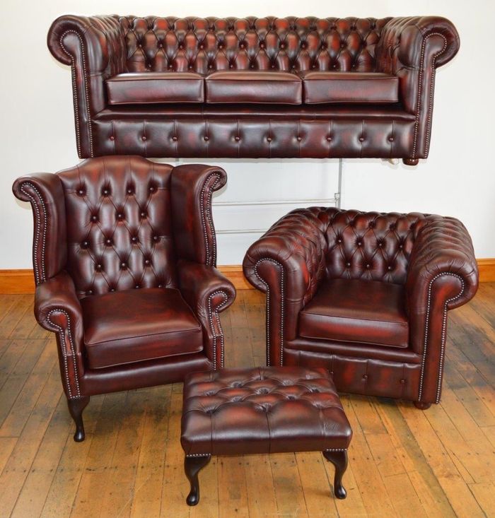 Sofagarnitur Ohrensessel Chesterfield Ledersofa Sofa Couch Hocker Set 4tlg 3+1