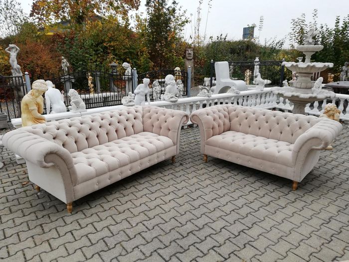 Designer Chesterfield Sofagarnitur Textil Beige 3+2 Couch Polster Sitz Sofa Neu