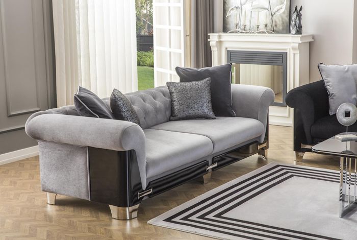 Dreisitzer Chesterfield Sofa 3 Sitzer Sofas Grau Stoff Wohnzimmer Neu