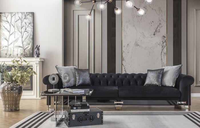 Chesterfield Viersitzig Sofa 4 Sitzer Sofas Schwarz Stoff Luxus Sitz
