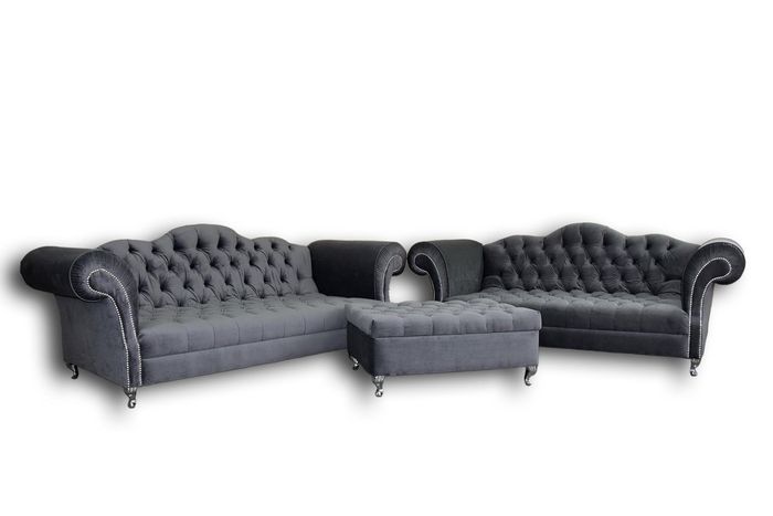 Chesterfield Designer Sofagarnitur 4+3 Hocker Couch Textil Sitz Polster Garnitur