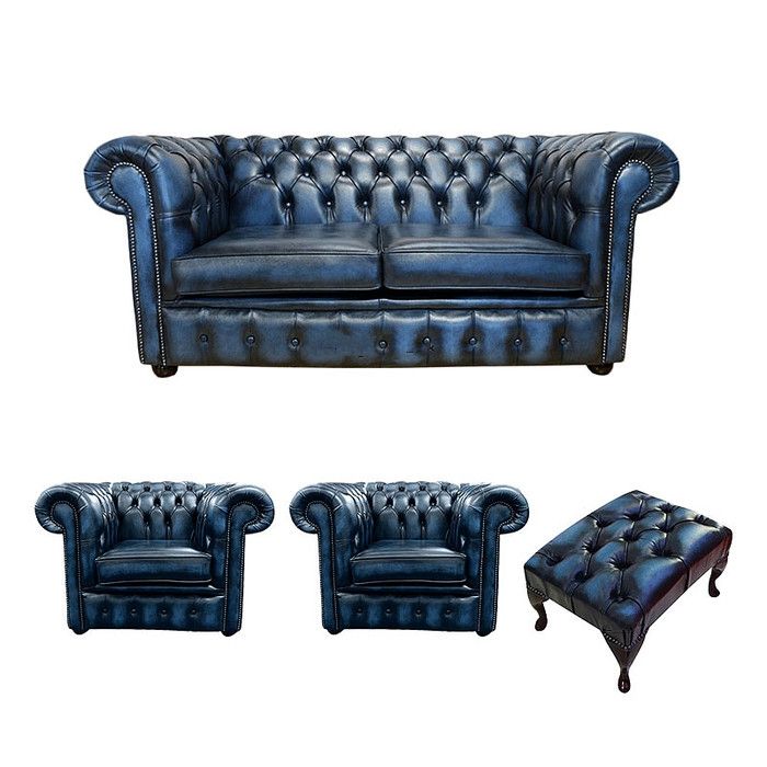 Chesterfield Sofa Couch Polster Sofas Leder Schaffhau 2+1+1Sitzer+Hocker - 173